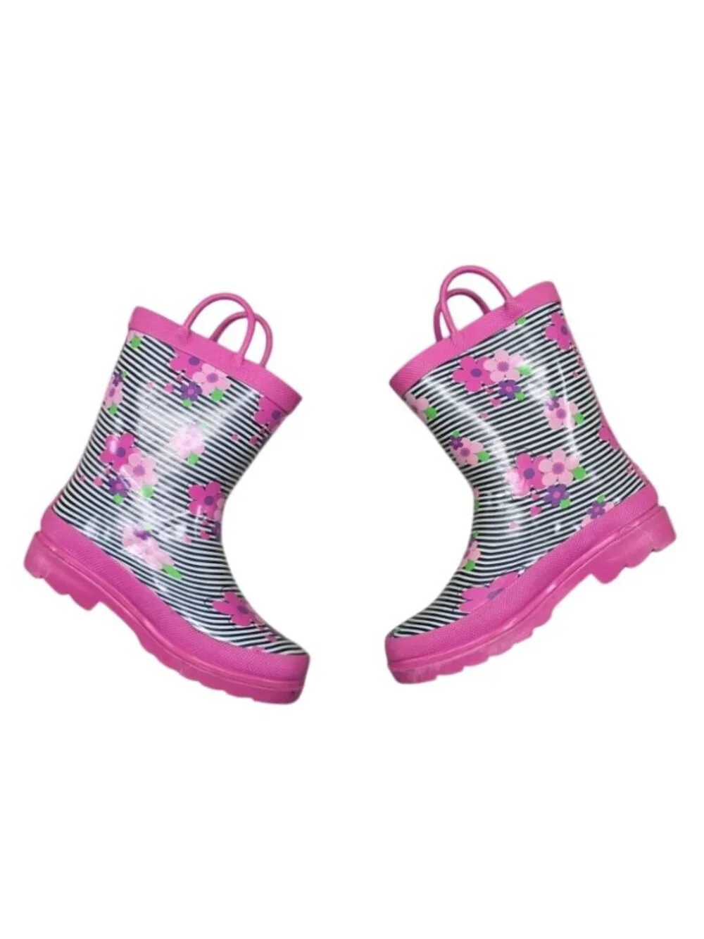 Lily & Dan Kids Girls Pink Floral Striped Pull-On Handle Rain Boots Size 13/1
